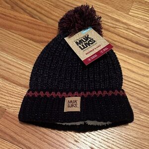 Muk Luks Navy and Pink Knit Beanie with Pom-Pom